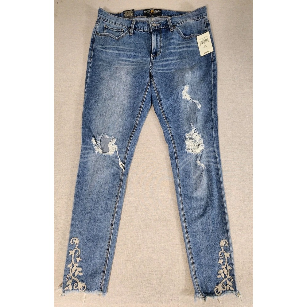 Lucky Brand Women's Skinny Jeans in Medium Blue Distressed with Embroidery